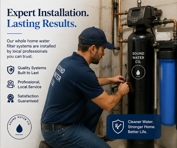 A Sound Water Co. technician installing a whole-home filter.
